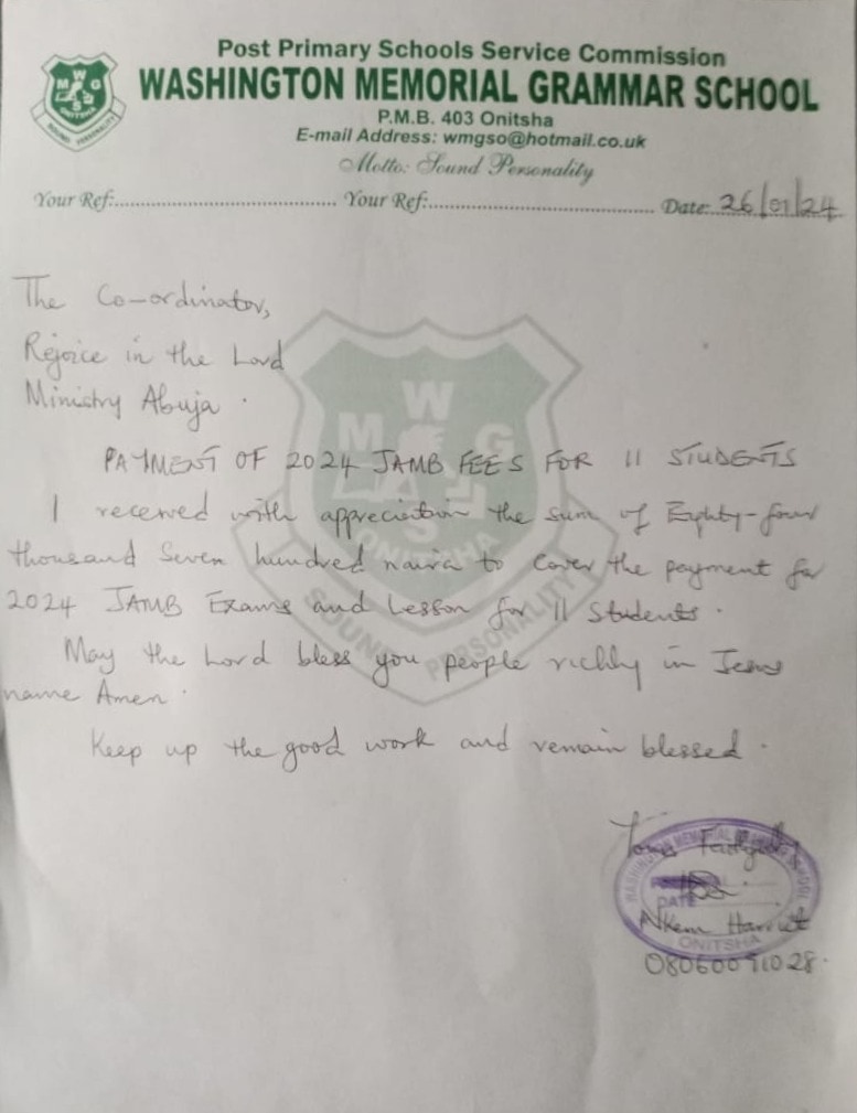 A handwritten letter from Washington Memorial Grammar School, Onitsha, acknowledging payment of 2024 JAMB fees for eleven students