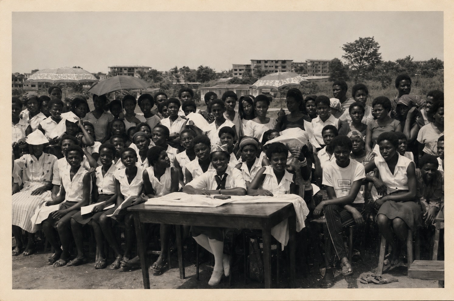 A large group of schoolgirls in white Red Cross uniforms and caps seated outdoors around a table at an event